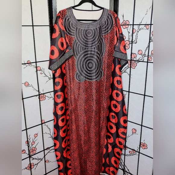 African Print Red Black Rhinestone Kaftan Bubu Gown w/Half Sleeves Scarf 1 Size - Picture 1 of 16